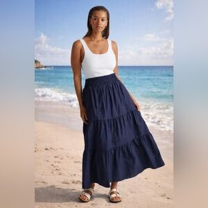Quince Chic Organic Cotton Poplin Tiered Navy Maxi Skirt